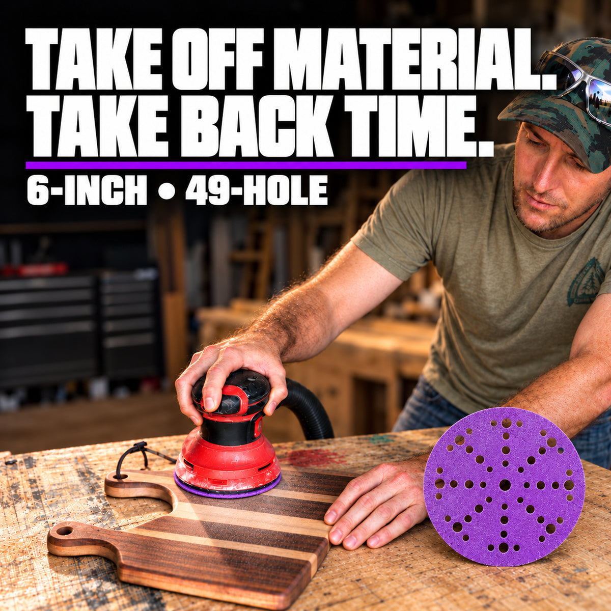 Workshop sanding of a wooden cutting board with a purple Z9 6-inch 49-hole sanding disc displayed beside the work.
