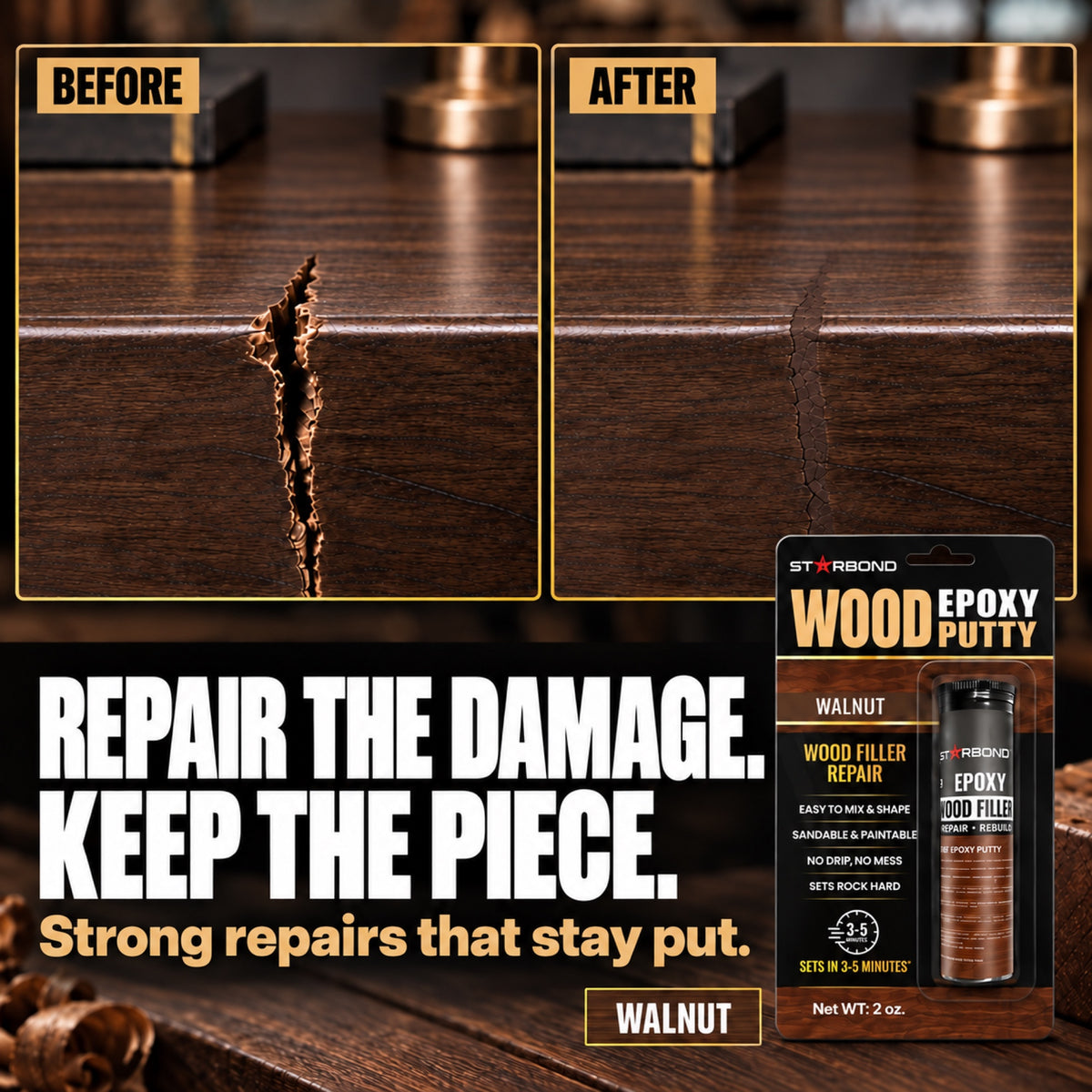 Wood furniture crack before and after repair in Walnut tones, with Starbond Walnut epoxy putty packaging.
