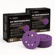 Two 50-pack boxes of Starbond Z9 Performance 5-inch sanding discs with purple ceramic-hybrid discs