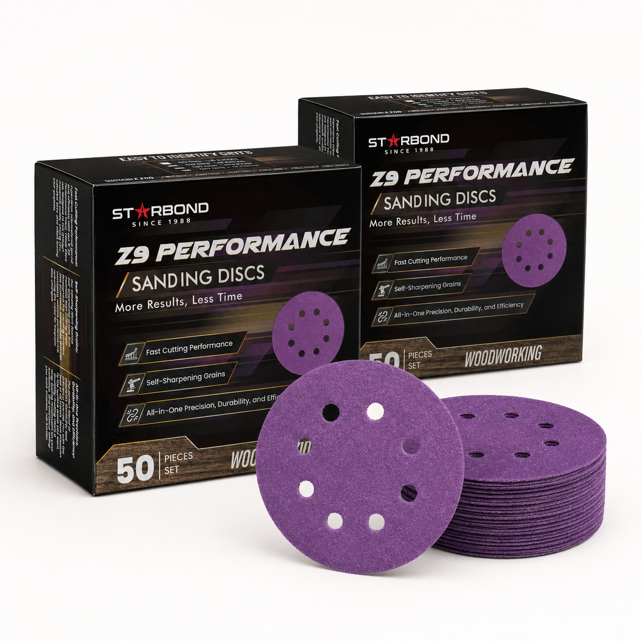 Two 50-pack boxes of Starbond Z9 Performance 5-inch sanding discs with purple ceramic-hybrid discs