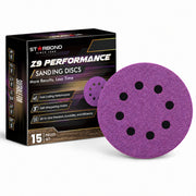 Starbond 5-inch 8-hole Z9 Performance sanding discs with 15-piece box on white.