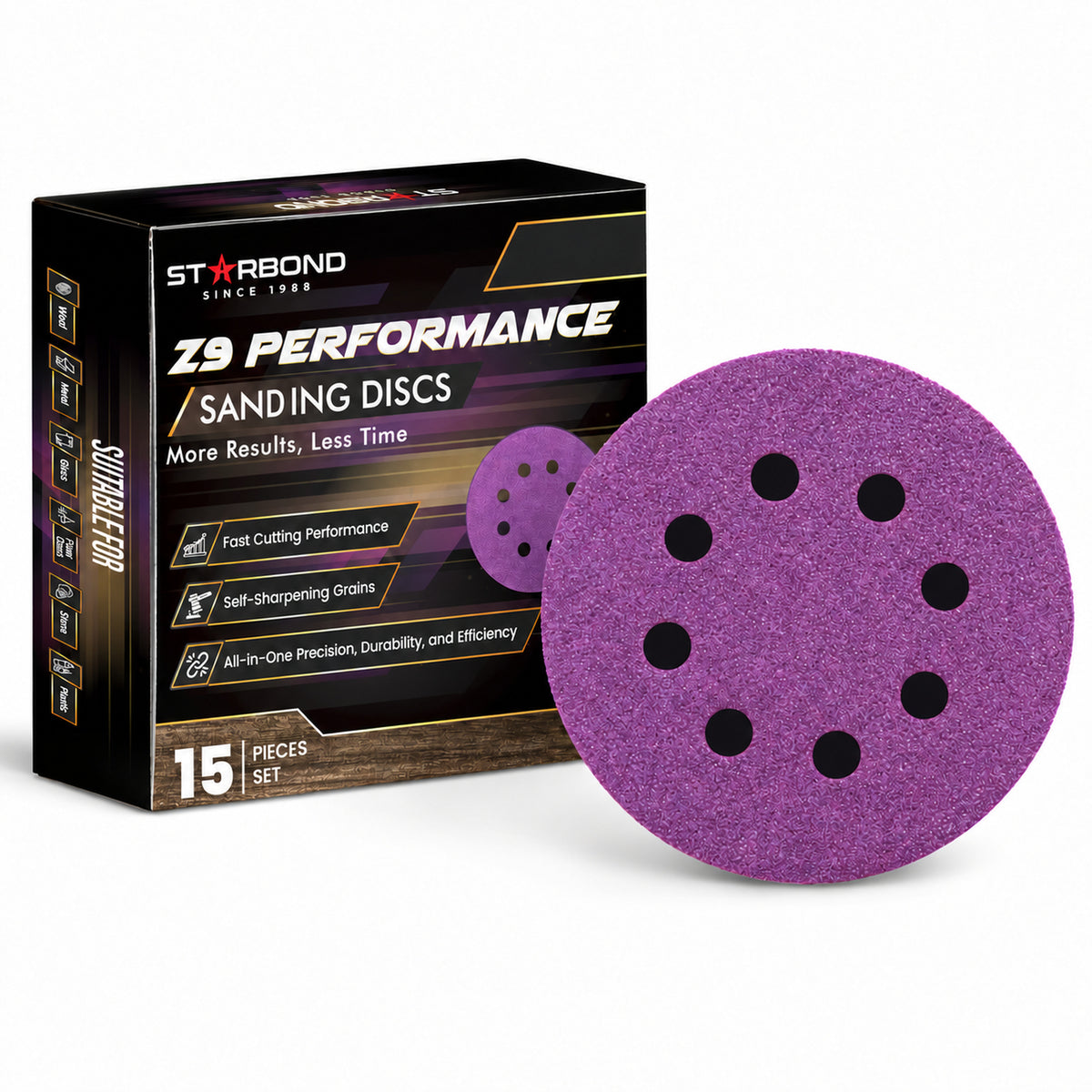 Starbond 5-inch 8-hole Z9 Performance sanding discs with 15-piece box on white.