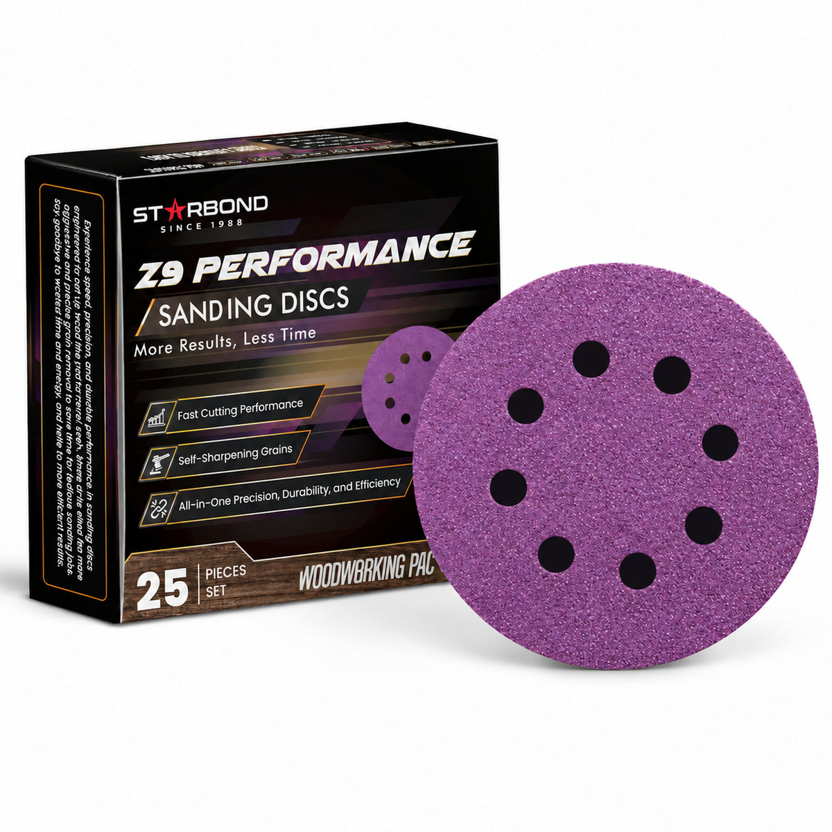 Starbond 5-inch 8-hole Z9 Performance sanding discs with 25-piece box on white.
