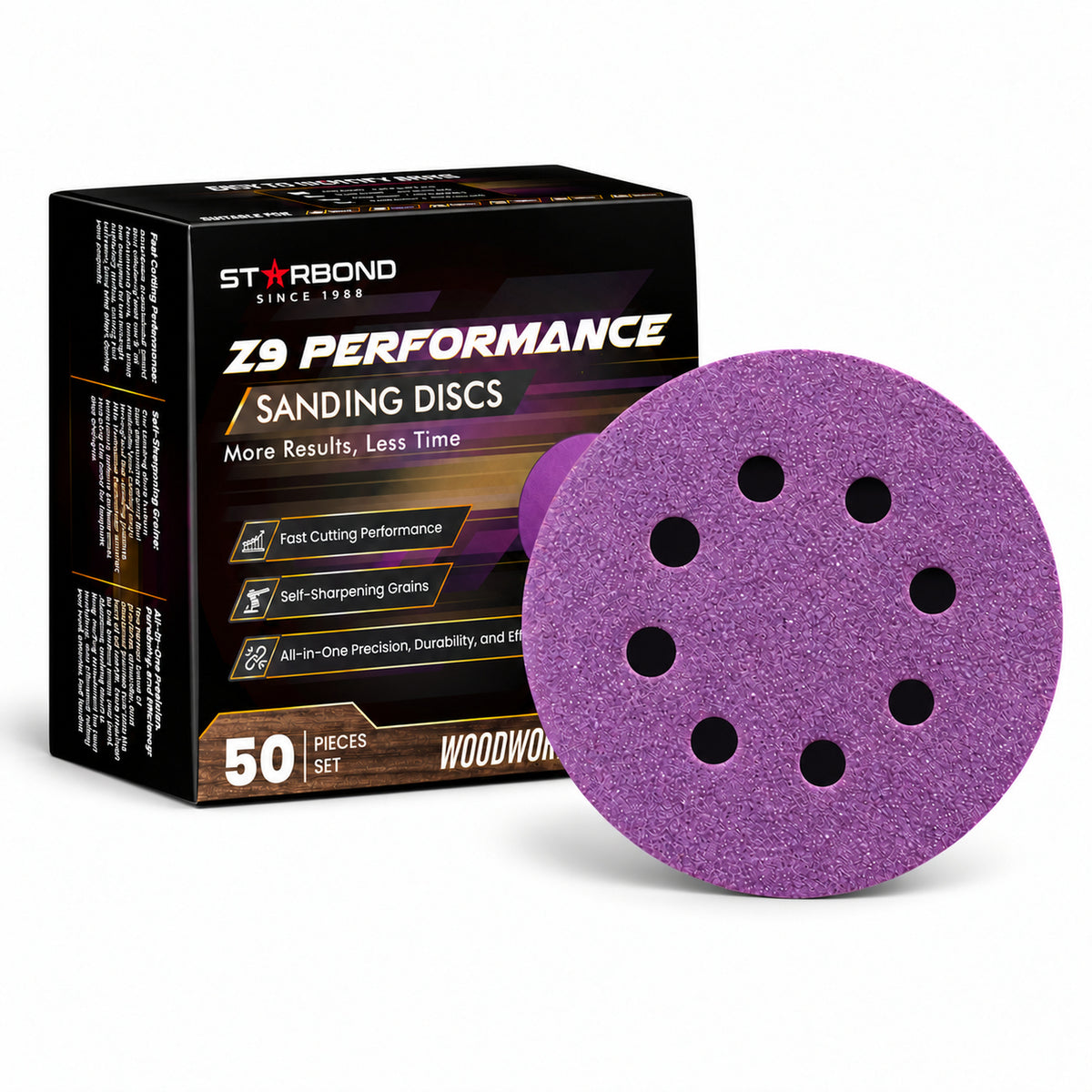 Starbond 5-inch 8-hole Z9 Performance sanding discs with 50-piece box on white.