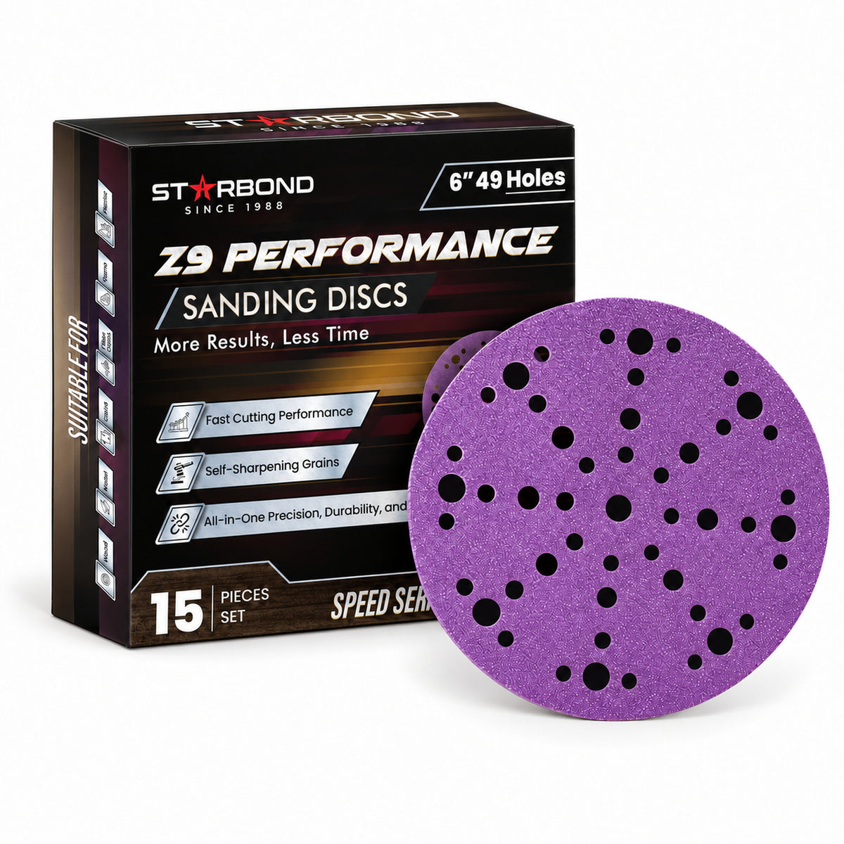 Starbond 6-inch 49-hole Z9 Performance sanding discs with original 15-piece Speed Series box on white.
