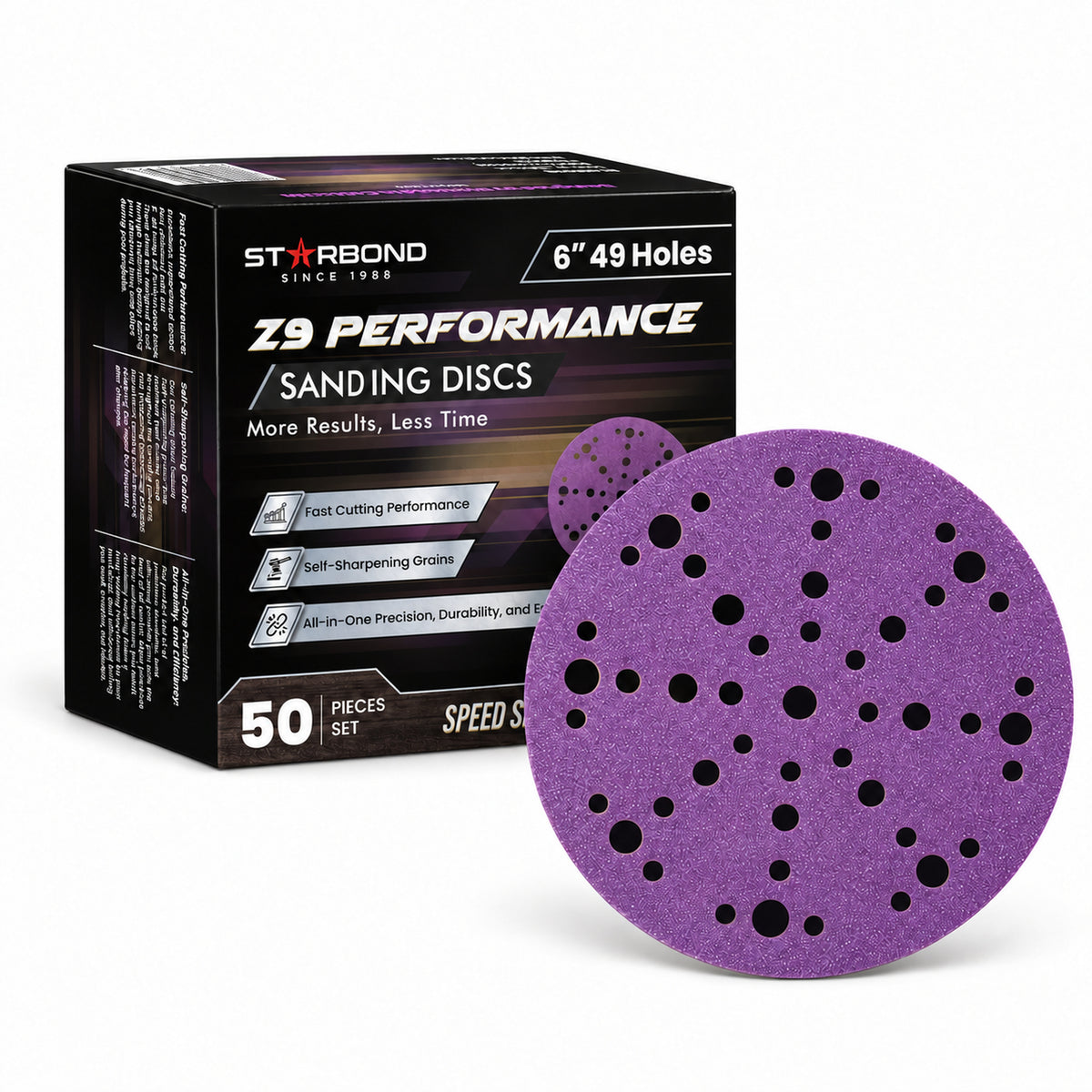Starbond 6-inch 49-hole Z9 Performance sanding discs with original 50-piece Speed Series box on white.