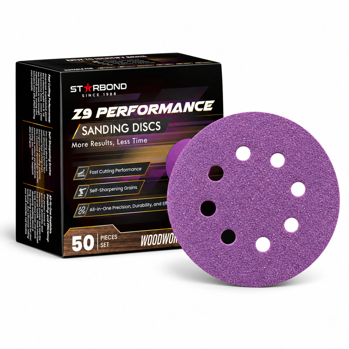 Starbond 5-inch 8-hole Z9 Performance sanding discs with 50-piece box on white.