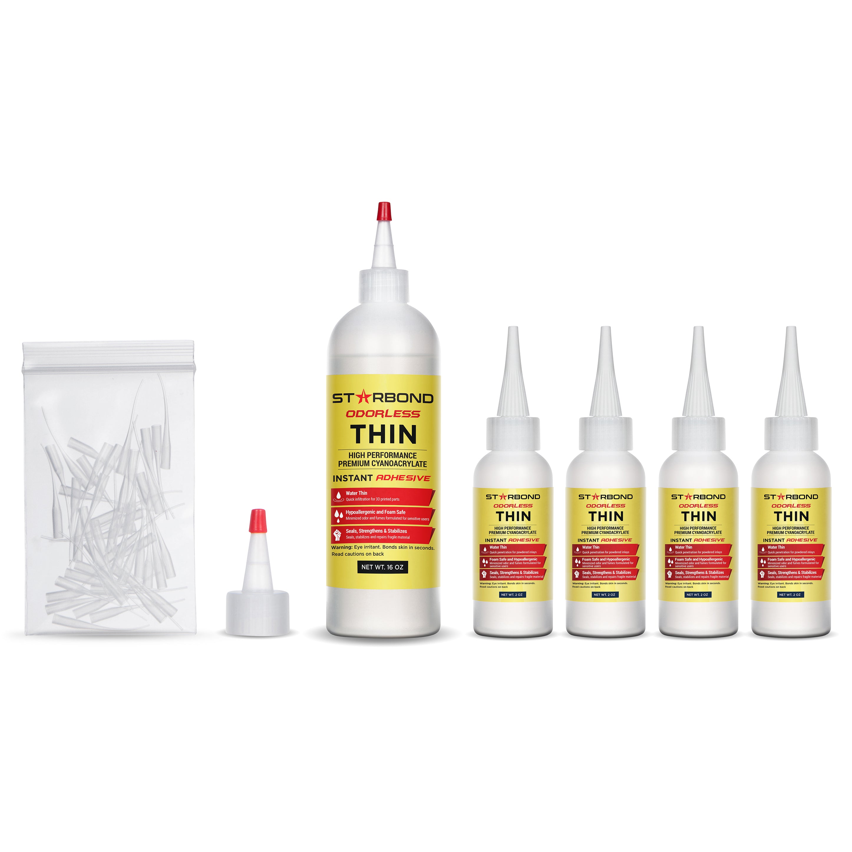 Starbond N/O-05 Odorless Thin, Premium CA Super Glue - Foam Safe Infiltrant Plus Extra Bottles, Caps, and Microtips, 16 oz.